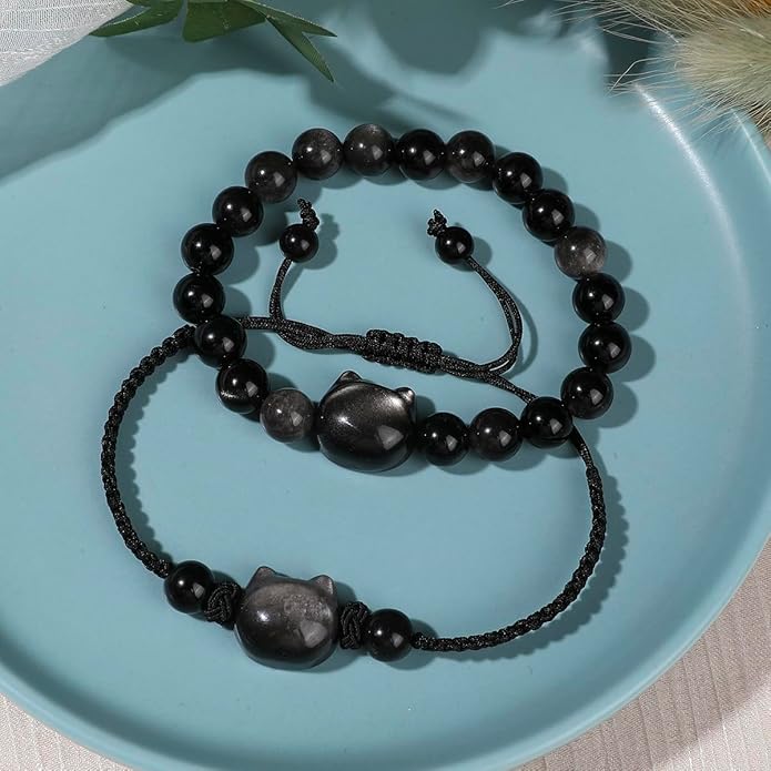 Black Obsidian Cat Bracelet and Moon Pendant Necklace Jewelry Set-Cat Lover Gifts,Wealth Attraction,Good Luck,Bead Bracelet,Mindfulness,Beaded Bracelets, Obsidian Pendant Necklace-Cute Gifts for Women