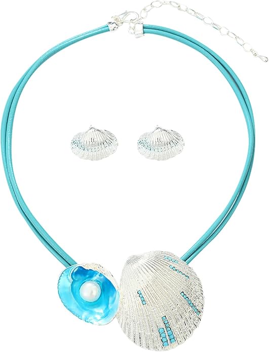 Chunky Statement Jewelry Set Blue Ocean Seashell Choker Necklaces Earrings Set for Women Pearl Bib Collar Necklaces for Party Prom Pageant Summer Fashion Jewelry Unique Birthday Gift