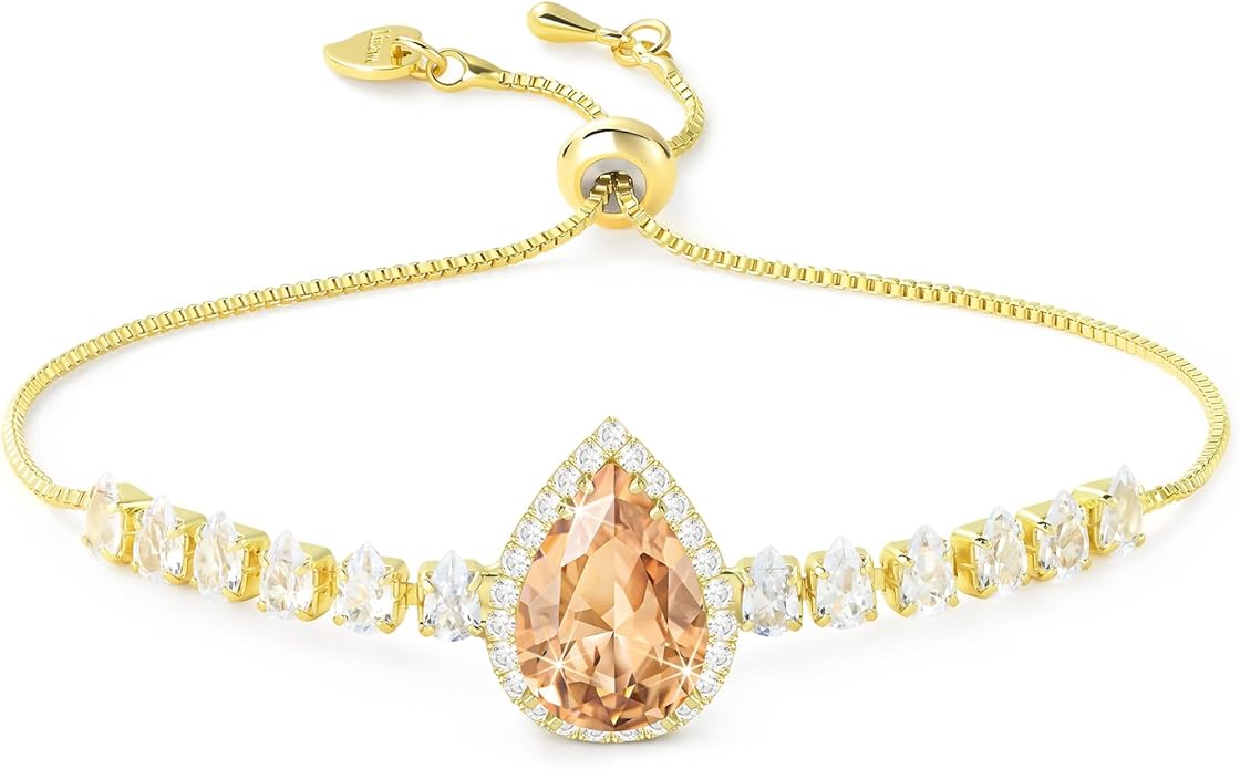 Linawe Crystal Imitation Diamond Rhinestone Charm Bracelets for Women, Gold/Silver/Rose Gold Adjustable Chain Bracelet, Teardrop Birthstone Cubic Zirconia Prom Costume Wedding Jewelry