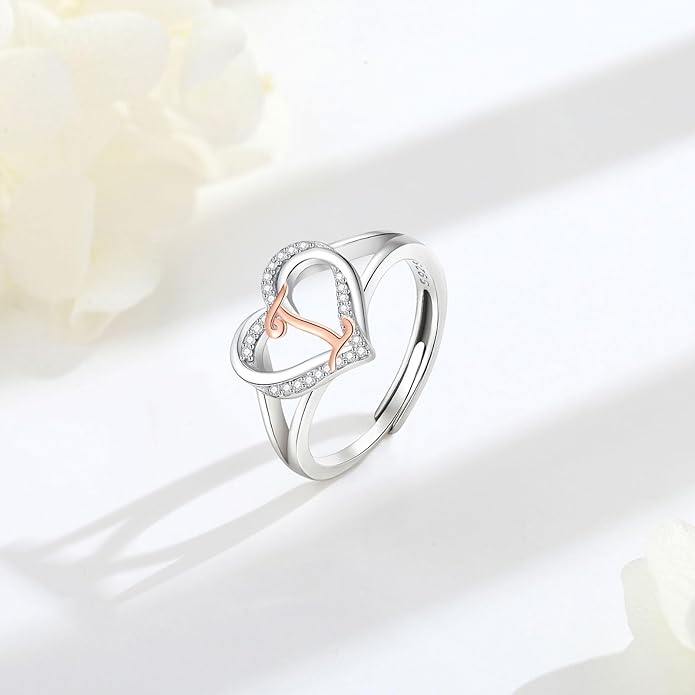 INFUSEU 925 Sterling Silver Initial Heart Ring for Women Girls, Adjustable Size