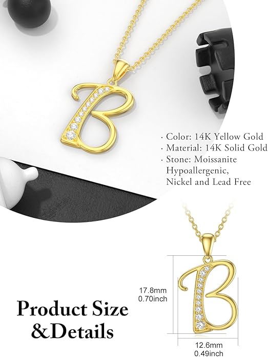 14k Gold Initial Necklace for Women, Solid Gold Moissanite Letter Pendant Necklaces Jewelry for Her Birthday Valentines Day Gifts for Mom Wife Christmas Gifts for Girlfriend Sister