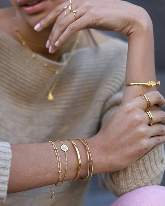 PERNNLA PEARL Dainty Gold Bar Bracelet for Women Simple Delicate Thin Cuff Bangle Hook Bracelet 18K Gold Plated Handmade Minimalist Jewelry