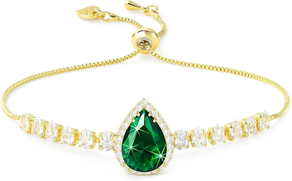 Linawe Crystal Imitation Diamond Rhinestone Charm Bracelets for Women, Gold/Silver/Rose Gold Adjustable Chain Bracelet, Teardrop Birthstone Cubic Zirconia Prom Costume Wedding Jewelry