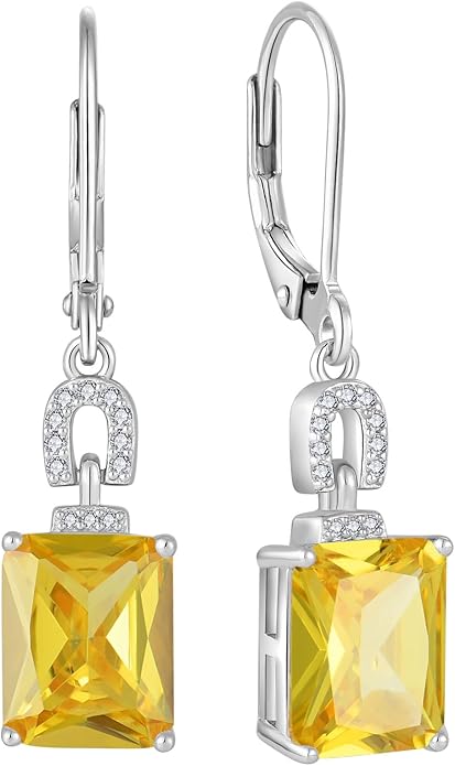 Emerald Cut Earrings 925 Sterling Silver Baguette Birthstone Dangle Drop Leverback Earrings Jewelry Gifts for Women