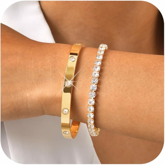 Stackable Gold Bracelets for Women - 2Pcs 18K Gold Plated Cubic Zirconia Bangle Bracelet Friendship Tennis Bracelet Stack Jewelry,Party Christmas Birthday Gifts for Her Girlfriend Sister Wife Daughter