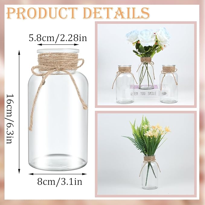 12 Pack Mason Jar Vases for Centerpieces, Wide Mouth Mason Jars - Image 2