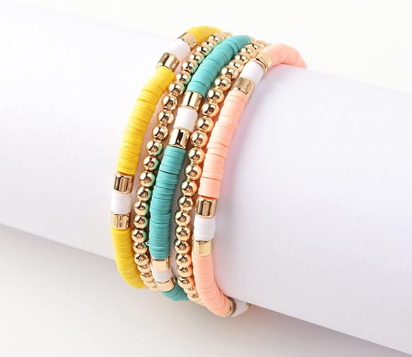 GOOJIDS Surfer Heishi Clay Bead Bracelets for Women Bohemian Stackable Gold Plated Beaded Stretch Bracelets Elastic Layering Friendship Bracelets Set Boho Jewelry
