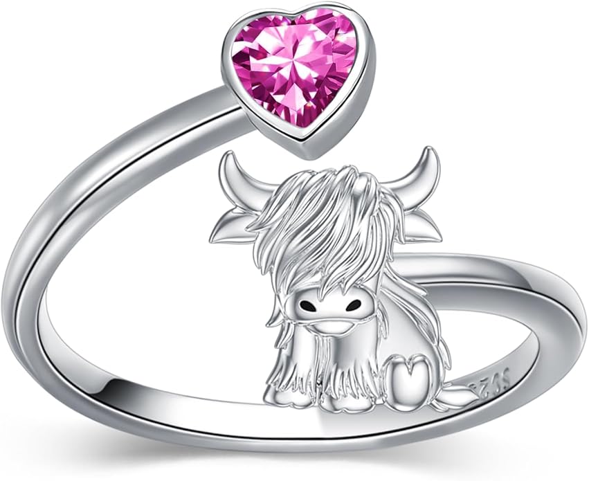 Highland Cow Ring 925 Sterling Silver Adjustable Ring Birthstone Ring Engraved Name Highland Cow Gifts Jewelry for Women