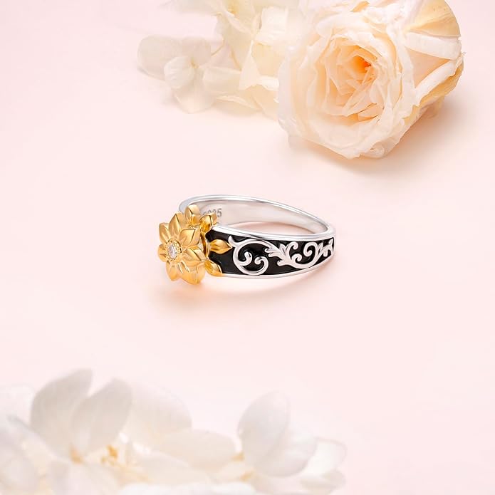 Alphm Sunflower Fidget Ring S925 Sterling Silver Spinner Ring Anxiety Stress Relieving Rotatable Valentine's Day Birthday Jewelry Gift for Women Wife Girlfriend