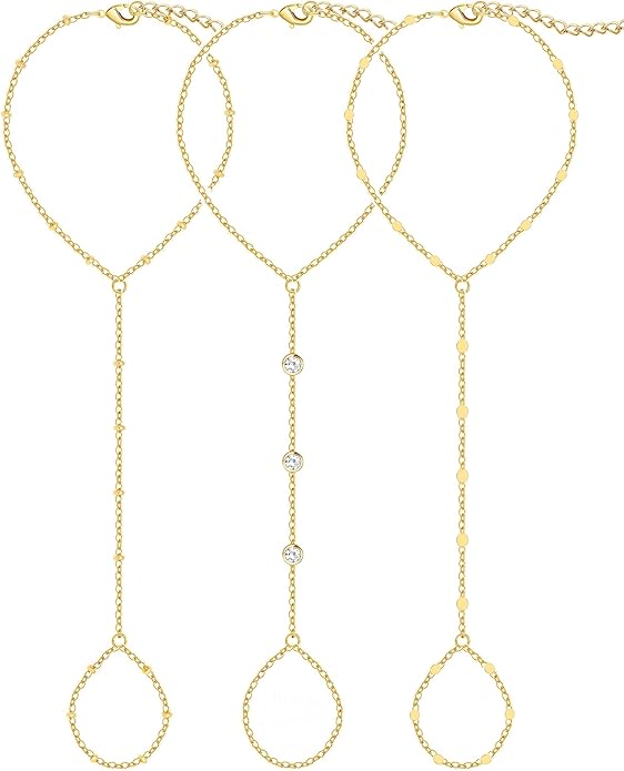 3PCS 14K Gold-Plated Hand Chain Bracelets for Women, Stack Bracelets Set Adjustable, Trendy Dainty Ring Bracelet Hand Chain
