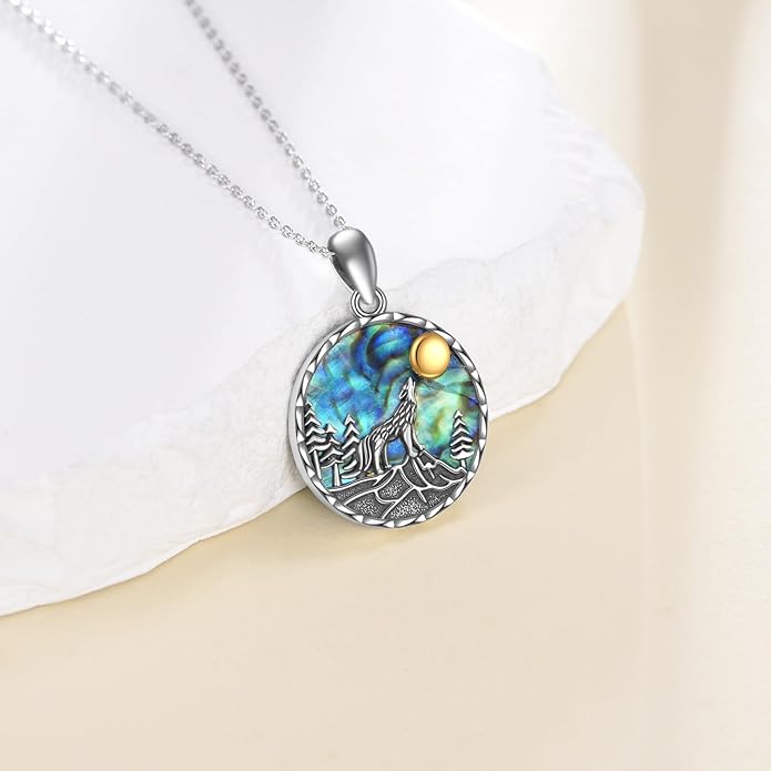 YFN Wolf Necklace Gifts for Men Women Sterling Silver Opal Moon Wolfs Jewelry Birthday 18+2"