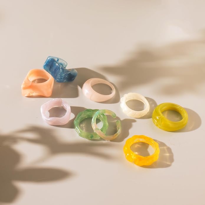Viva Joya Resin Acrylic Plastic Knuckle Rings for Women, Chunky Trendy Colorful Stackable Jewelry, Statement Dome Thick Rings, Bulk Set