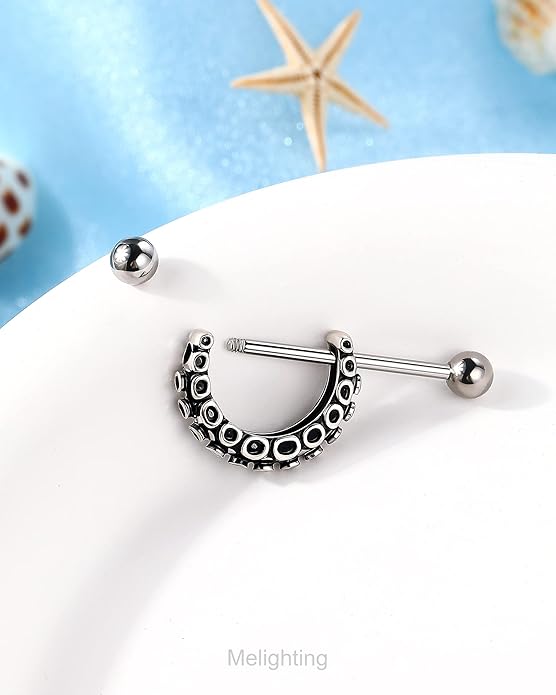 Melighting Nipple Rings 14G, Octopus Nipple Piercing Jewelry for Women Stainless Steel 316L, Nipple Barbell, Nipple Jewelry Body Piercing Jewelry