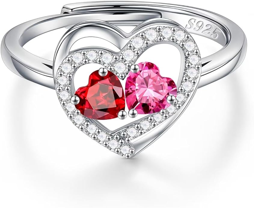 Iefil Adjustable Ring for Women - 925 Sterling Silver Double Birthstone Rings, Anniversary Birthday Gifts for Women Wife Her