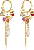 Boho Tassel Hoop Earrings for Women 14K Gold Pearl Earrings Dainty Colorful Bead Pendant Earrings Ethnic Style Statement Jewelry for Vacation Festival Party