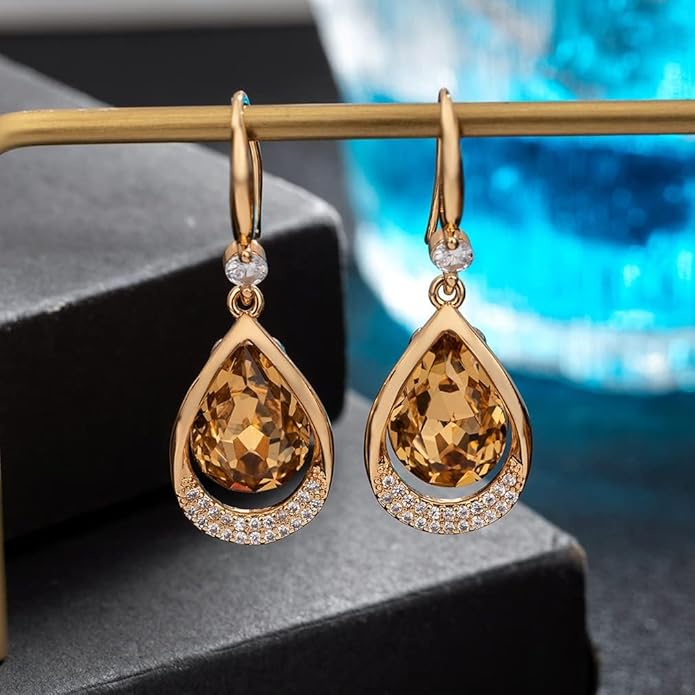 Austrian Crystal Halo Teardrop Hollow Drop Dangle Earrings for Women 14K Rose Gold Plated Hypoallergenic Jewelry Gifts