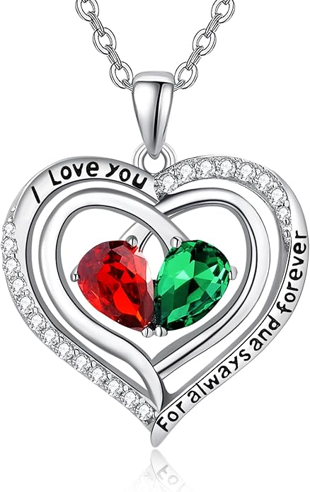 Valentine's Day Gifts for Wife 925 Sterling Silver Double Birthstone Pendant Necklaces I Love You for Always and Forever Necklace Anniversary Birthday Gifts for Wife Girlfriend Mom Her