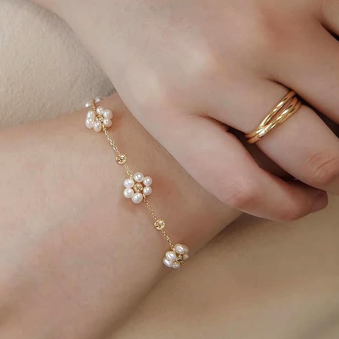 Zeffy Gold Pearl Beaded Bracelet for Women, 14K Gold Plated Jewelry Set With Paperclip Link Chain, Trendy Stack Bracelets
