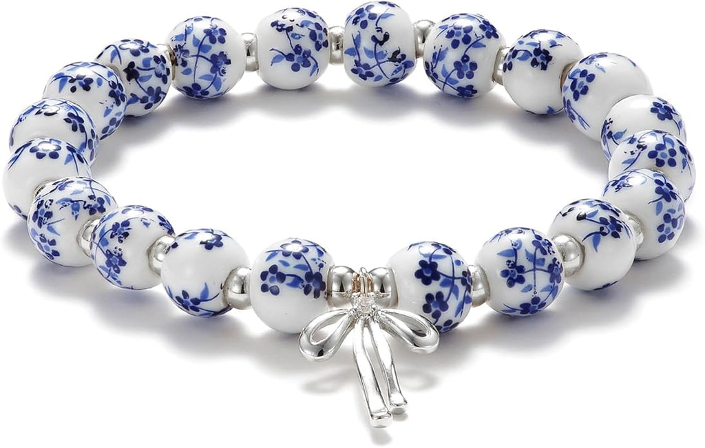 Beads Bow Charm Bracelet for Women Flower Vintage Bracelet Handmade Stretch Beaded Dainty Romantic Jewelry Gifts