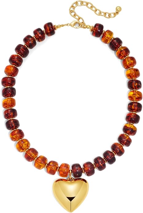 WOWORAMA Chunky Heart Necklaces for Women Colorful Resin Beaded Choker Necklace Gold Puffy Heart Statement Necklace Trendy Acrylic Choker Jewelry
