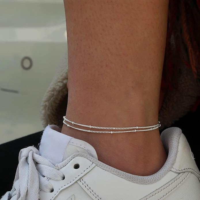 MIDEEO Gold/Silver Ankle Bracelets for Women,14K Gold Anklets for Women Waterproof Cuban Link Heart Beads Herringbone Rhinestone Anklets Set Layered Anklet Bracelets for Women Gold Jewelry Gift