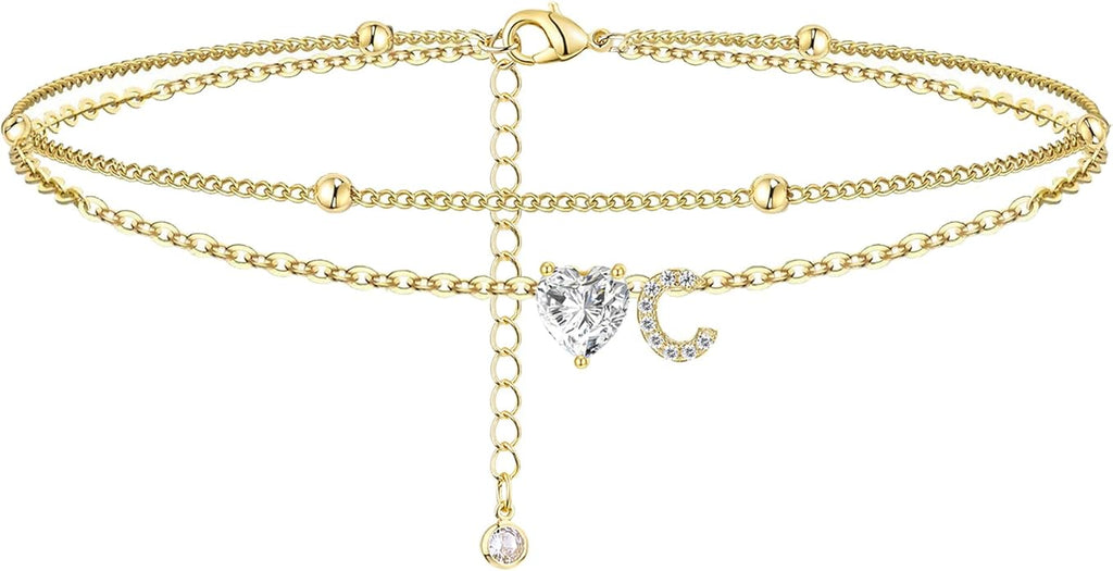 Ankle Bracelets for Women Waterproof 14K Gold Plated CZ Initial Anklet for Women Dainty Layered Letter Heart Ankle Bracelets Handmade Adjustable Foot Chain Anklet Summer Beach Jewelry