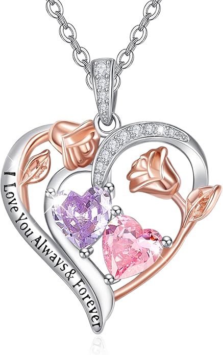 Valentine's Day Gifts for Wife 925 Sterling Silver Double Birthstone Pendant Necklaces I Love You for Always and Forever Necklace Anniversary Birthday Gifts for Wife Girlfriend Mom Her