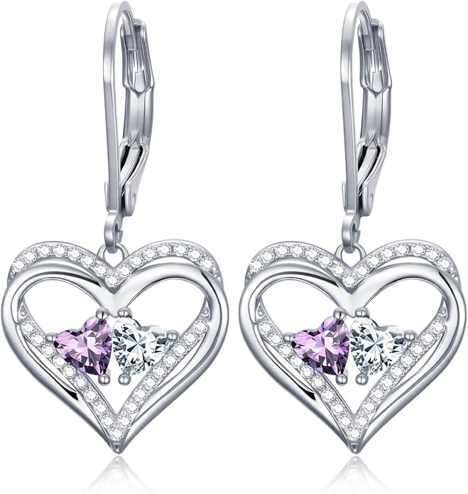 Valentines Day Gifts for Women, Heart Leverback Earrings Double Birthstone Dangle Earrings for Women, Love Jewelry for Her, Anniversary Birthday Gift for Mom Wife Girlfriend