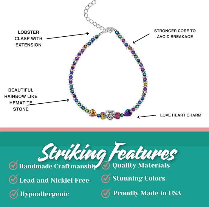 BESHEEK Rainbow Anklet Bracelet Hue Twisted Hematite and Round Artisan Beaded Anklet with Extension Handmade Hypoallergenic Beach Gala Wedding Style Jewelry