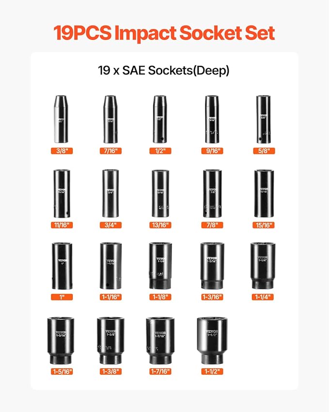 VEVOR Impact Socket Set, 1/2" 19 Piece Impact Sockets, Deep Socket, 6-Point - Image 3