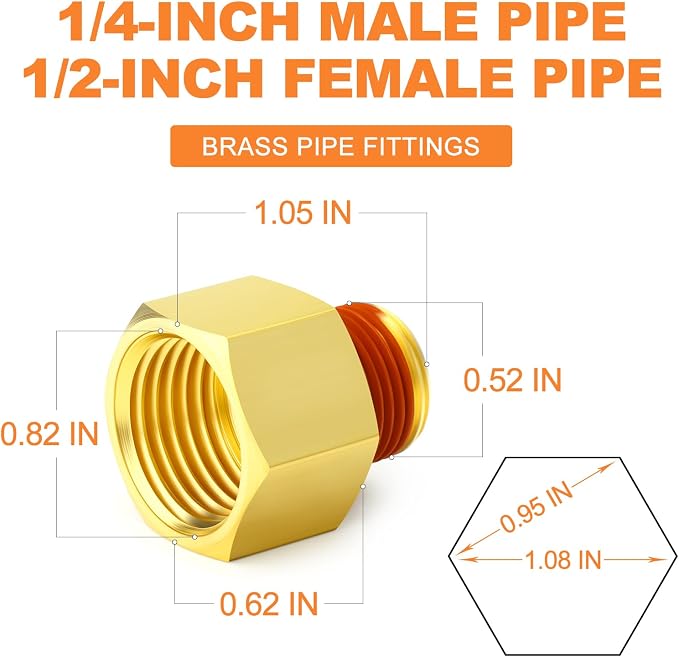 GASHER 5PCS Brass Pipe Fitting, 1/2" Female x 1/4" Male Pipe - Image 2