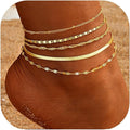 iF YOU Gold Ankle Bracelets for Women, 14k Gold Plated Waterproof Cuban Link Chain Anklets Set, Layered Anklet Bracelets for Women Beach Gift Adjustable Size 5pc