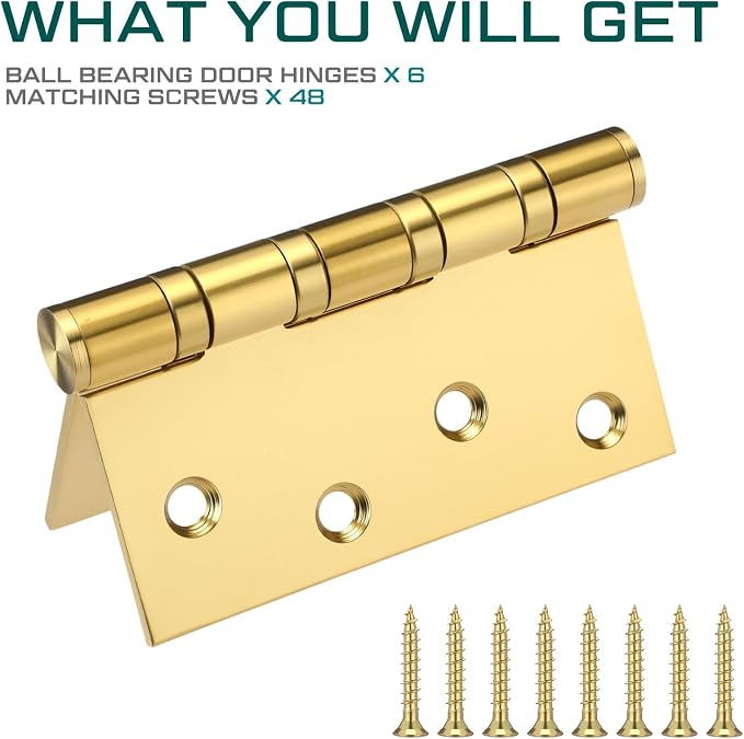 6 Pcs Gold 4'' Ball Bearing Door Hinges, Square Corner | Stainless Steel - Image 5