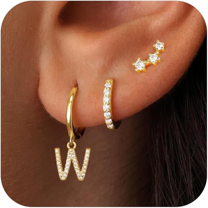 Valentines Day Gifts for Kids Girls - 3 Pairs Gold Earrings for Women Huggie Hoop Earrings for Girls with Initial Dangle Cartilage Earring Studs Hypoallergenic Earring Set for Multiple Piercing