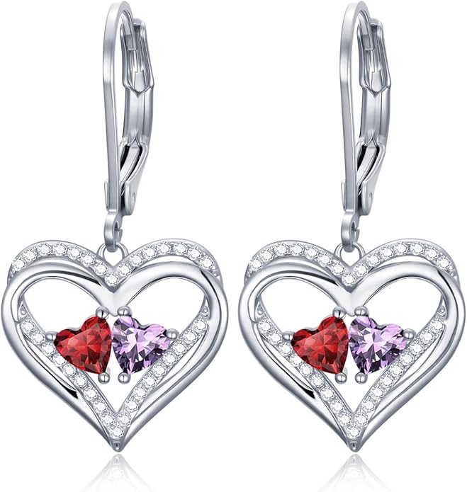 Valentines Day Gifts for Women, Heart Leverback Earrings Double Birthstone Dangle Earrings for Women, Love Jewelry for Her, Anniversary Birthday Gift for Mom Wife Girlfriend
