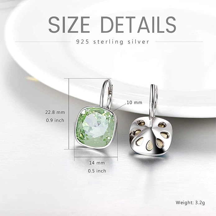 AOBOCO Sterling Silver Leverback Earrings Embellished with Crystals from Austria, Hypoallergenic Cushion Cut Square Crystal Earrings, Fine Anniversary Birthday Jewelry Gifts for Women