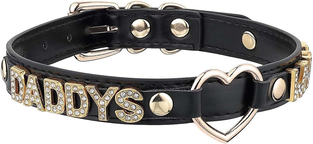 Handmade Gold Heart O-Ring Letter Choker Necklace for Women, Adjustable PU Leather Black/Pink Choker Collar For Women, Goth Choker Collars Necklace