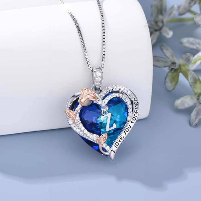 PELOVNY Rose Heart Initial Necklaces for Women S925 Sterling Silver Alphabet Letter Crystal Necklace Initial Pendant Jewelry Gifts for Mom Daughter Wife