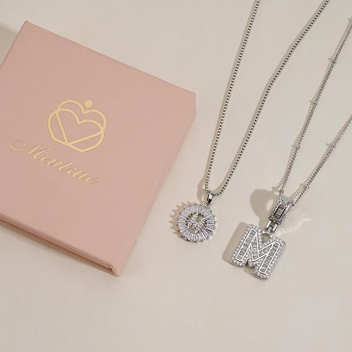 Initial Letter Necklace for Women 14k White Gold Silver Plated Dainty Necklaces Trendy Chunky Custom Layered Necklace Set Personalized Round Circle Zirconia A-Z Letter Chain Pendant Jewelry Gift