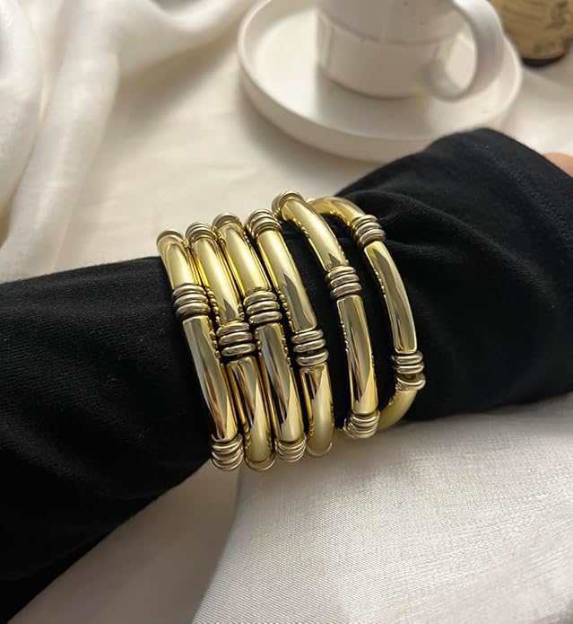 iF YOU 6pcs Chunky Acrylic Bangle Bracelets for Women, Resin Bamboo Brown Stretchy Bracelet Stack, Fashion Jewelry for Women