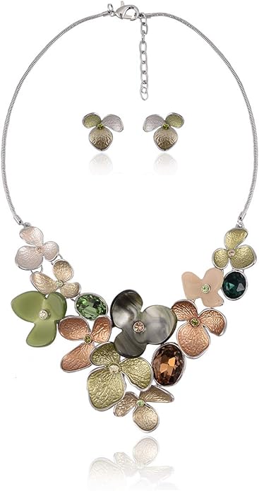 AMYJANE Vintage Statement Jewelry Set - Spring Leaf Flower Floral Plant Necklace Earring Set Crystal Rhinestone Fashion Costume Jewelry for Women Prom Party Unique Gift