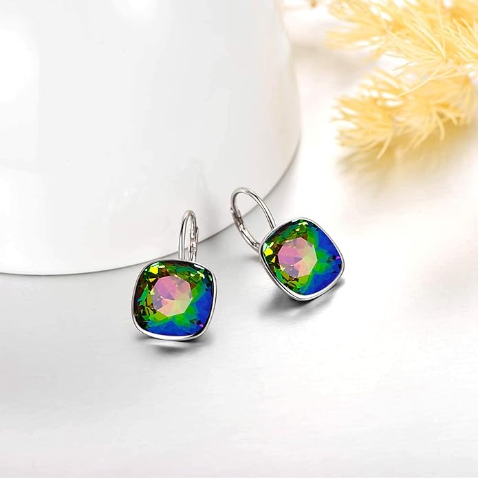 AOBOCO Sterling Silver Leverback Earrings Embellished with Crystals from Austria, Hypoallergenic Cushion Cut Square Crystal Earrings, Fine Anniversary Birthday Jewelry Gifts for Women