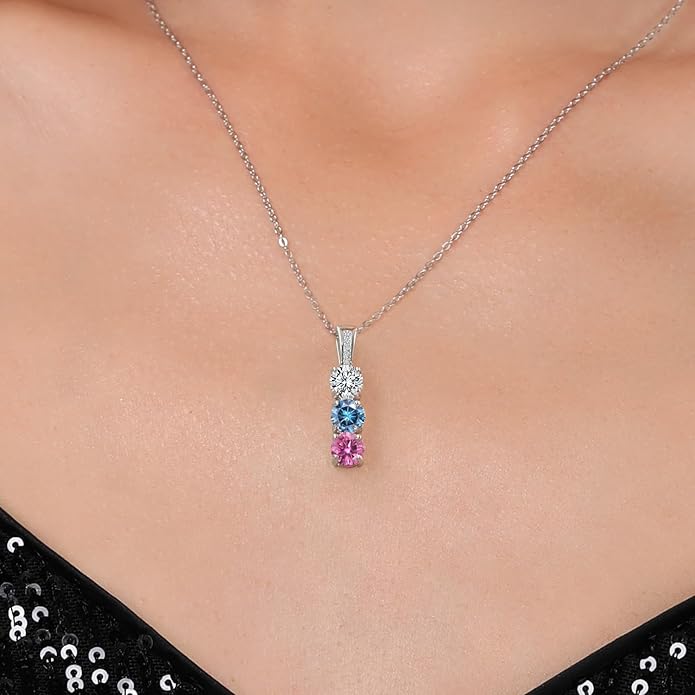 Gem Stone King Customized and Personalized Diamond and 3 Gemstone Birthstone Mother Necklaces In 925 Sterling Silver | 3-Stone Pendant Necklace For Women | Round 5MM | With 18 Inch Silver Chain