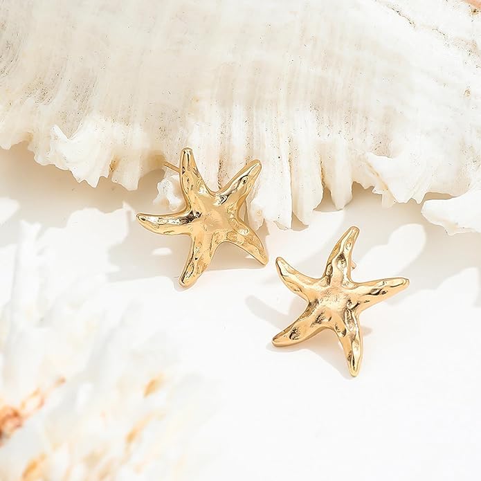 Gold Starfish Earrings for Women Trendy Dainty Starfish Statement Stud Earrings Hypoallergenic Summer Beach Ocean Coastal Jewelry