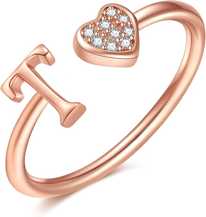 Valentines Day Gift Initial Rings for Teen Girls - S925 Heart Sterling Silver Rings for Teen Girls | 14K Gold/Rose Gold/Sterling Silver Plated Ring for Girls Kids Women Ring for Teenager Girls Gifts Adjustable, No Tarnish, Hypoallergenic