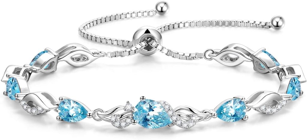 FANCIME Birthstone Teardrop Tennis Bracelet for Women, Sterling Silver 9x7mm main Gemstone Bolo Adjustable Chain Bracelet Fine Jewelry Birthday Gifts for Women Mom Wife Her