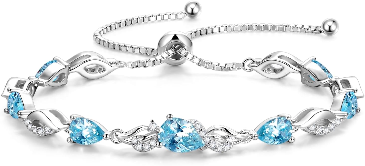 FANCIME Birthstone Teardrop Tennis Bracelet for Women, Sterling Silver 9x7mm main Gemstone Bolo Adjustable Chain Bracelet Fine Jewelry Birthday Gifts for Women Mom Wife Her