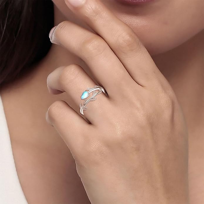 PRAYMOS 925 Sterling Silver Leaf Ring White Opal Moonstone Rings Adjustable Open Ring for Women with Jewelry Box Size 7-9