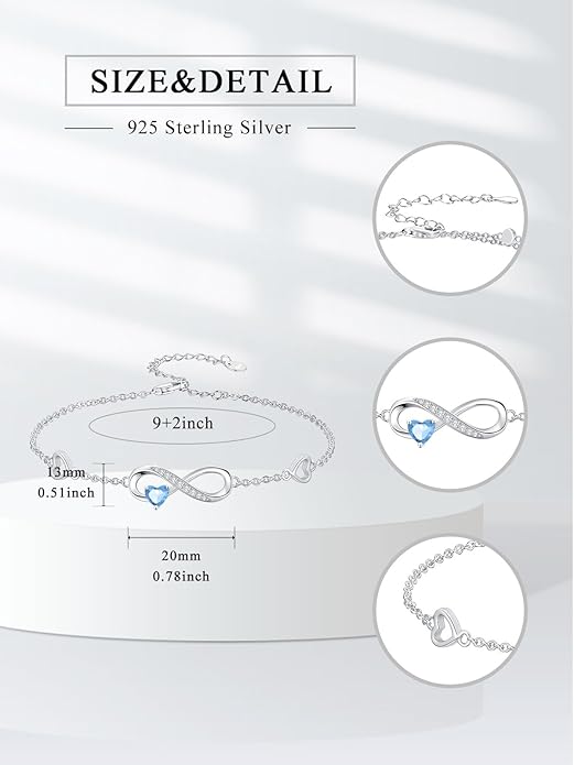 Dorunmo Infinity Heart Anklet Bracelet for Women 925 Sterling Silver Adjustable Infinity Birthstone Bracelet Friendship Jewelry Gifts for Women Birthday Christmas