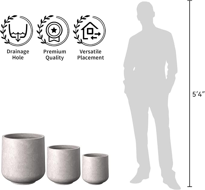 Kante Set of 3 CON Gray Concrete Curved Planters 16.5" 13" 9.4" Dia | Drainage - Image 7